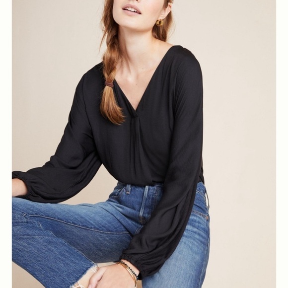 Size XS Anthropologie WOMEN Oversized relaxed pullover Dolan Black V-Neck Blouse - Picture 3 of 7